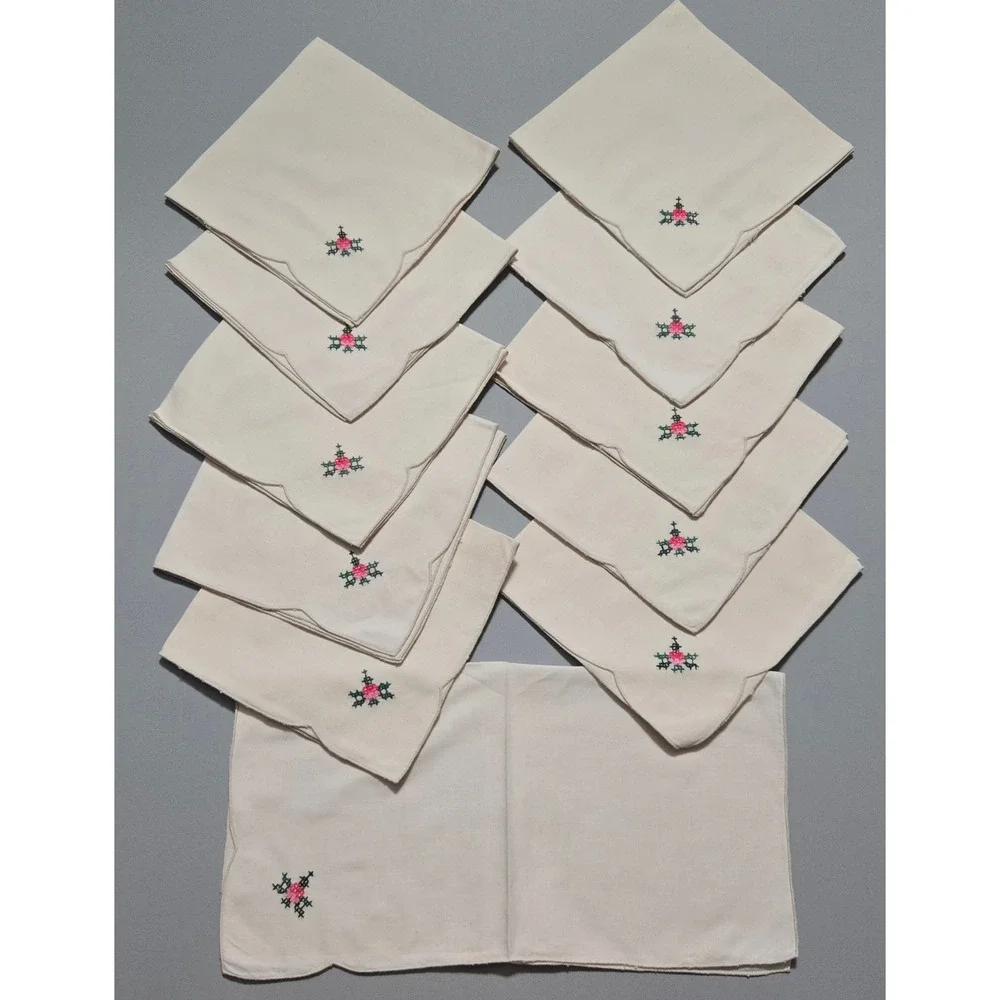 Vintage Embroidered Linen Napkins Set of 11 15x15 Floral Cross Stitched Handmade